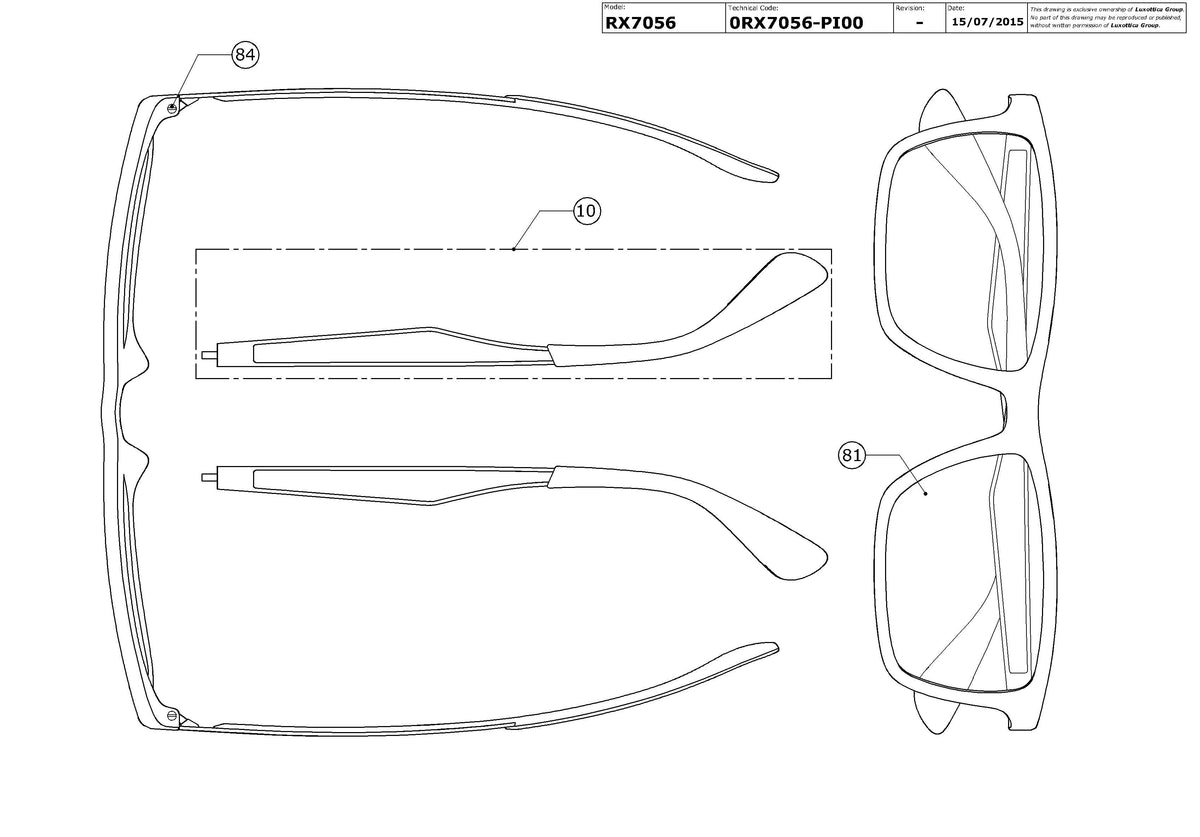 Exploded technical drawing of the Ray-Ban RX7056 Glasses Replacement Parts, with each replacement part numbered