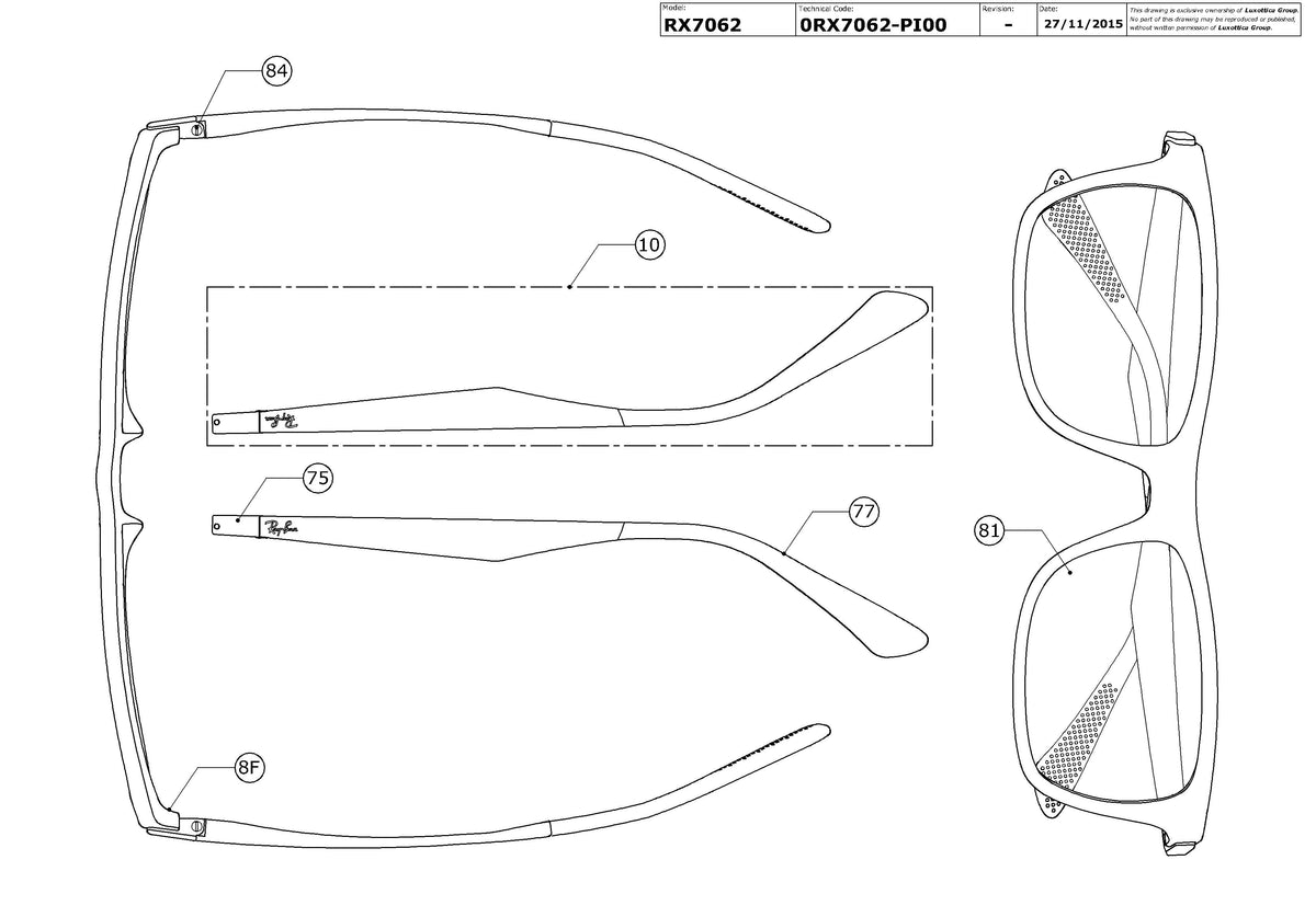 Enlarged technical drawing of the Ray-Ban RX7062 Glasses Replacement Parts
