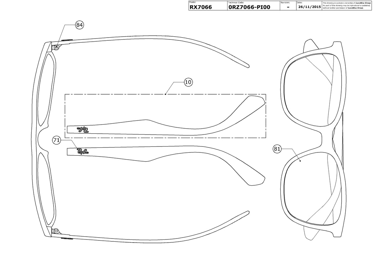 Exploded technical drawing of the Ray-Ban RX7066 Glasses Replacement Parts, with each replacement part numbered