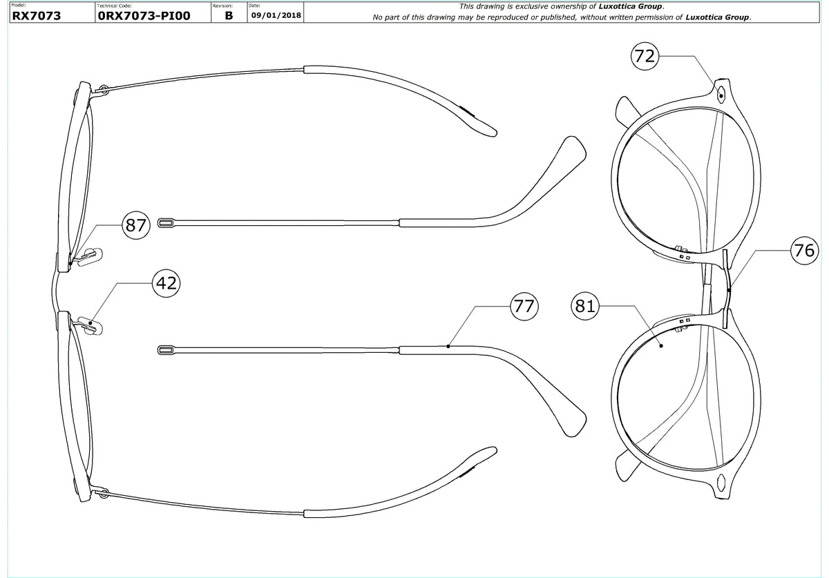 Exploded technical drawing of the Ray-Ban RX7073 Glasses Replacement Parts, with each replacement part numbered