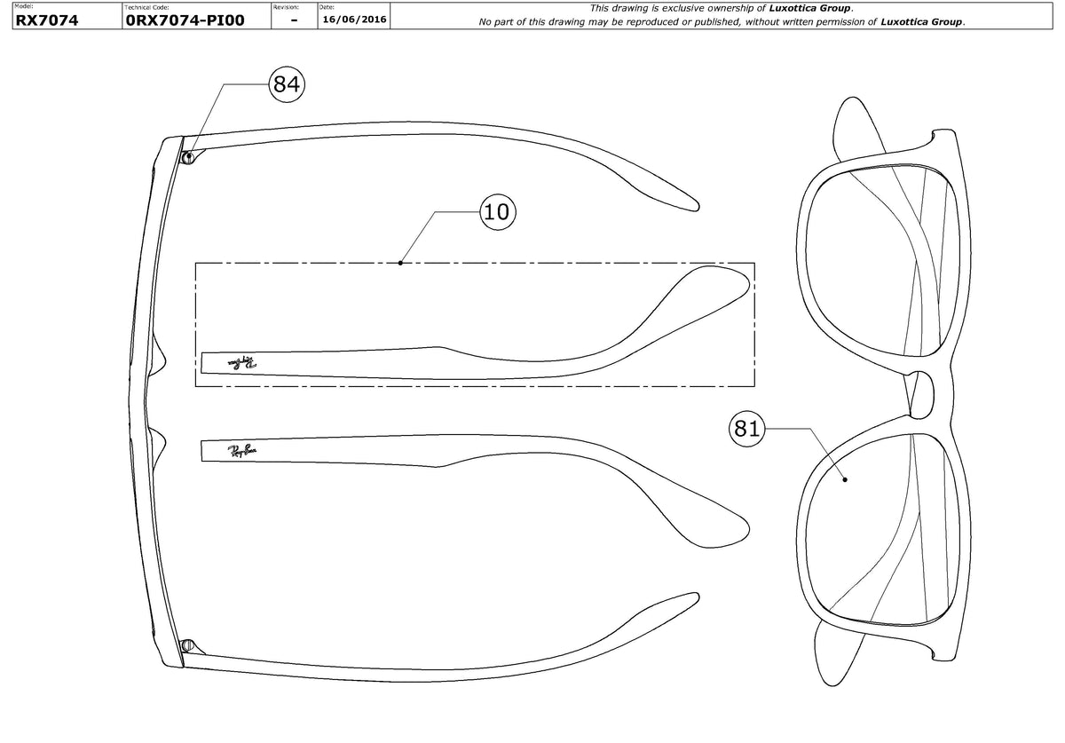 Enlarged technical drawing of the Ray-Ban RX7074 Glasses Replacement Parts