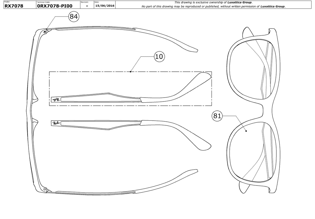 Enlarged technical drawing of the Ray-Ban RX7078 Glasses Replacement Parts