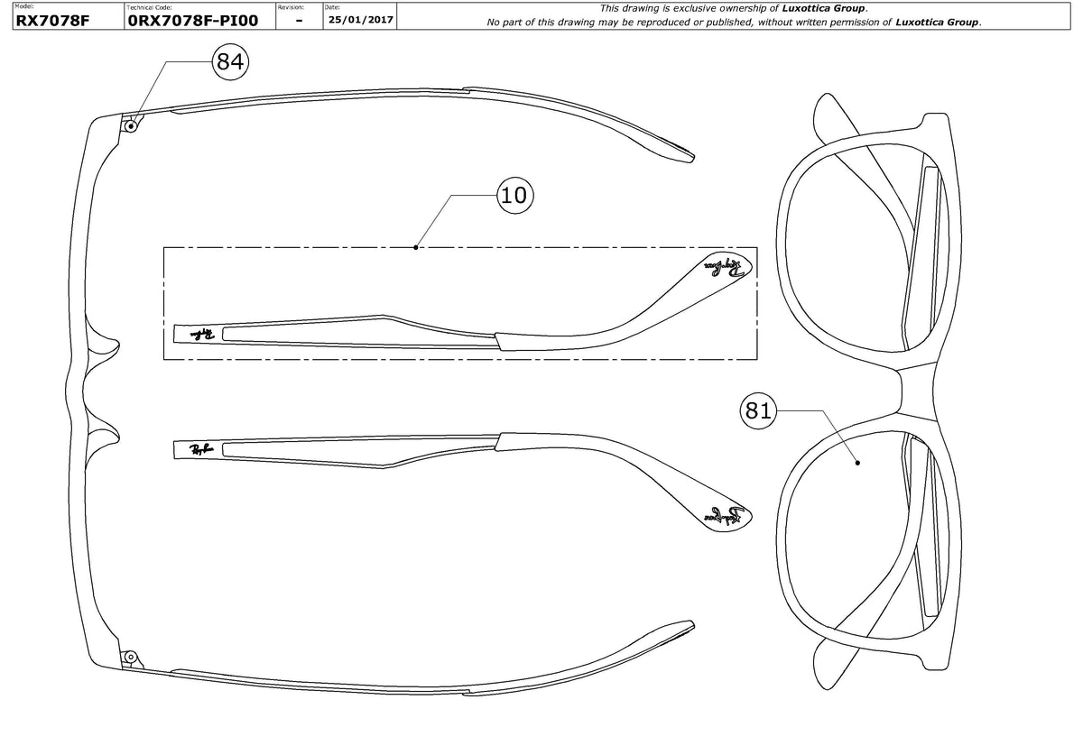 Enlarged technical drawing of the Ray-Ban RX7078F Glasses Replacement Parts