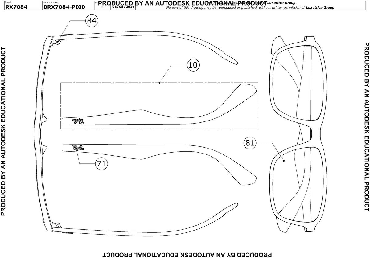 Exploded technical drawing of the Ray-Ban RX7084 Glasses Replacement Parts, with each replacement part numbered