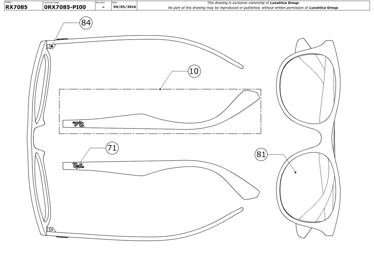 Exploded technical drawing of the Ray-Ban RX7085 Glasses Replacement Parts, with each replacement part numbered