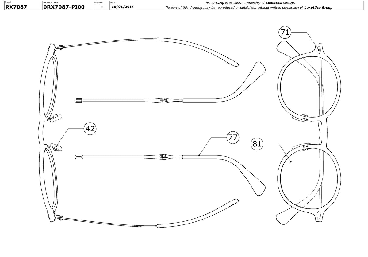 Exploded technical drawing of the Ray-Ban RX7087 Glasses Replacement Parts, with each replacement part numbered
