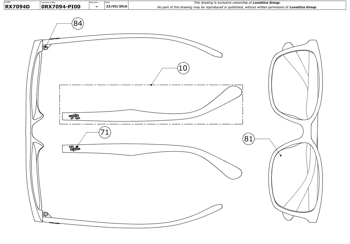 Exploded technical drawing of the Ray-Ban RX7094D Glasses Replacement Parts, with each replacement part numbered