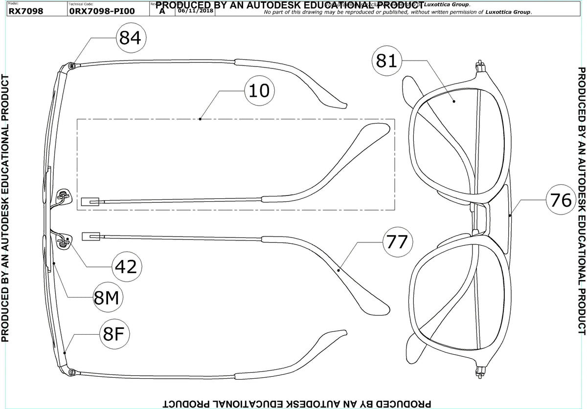 Exploded technical drawing of the Ray-Ban RX7098 Glasses Replacement Parts, with each replacement part numbered