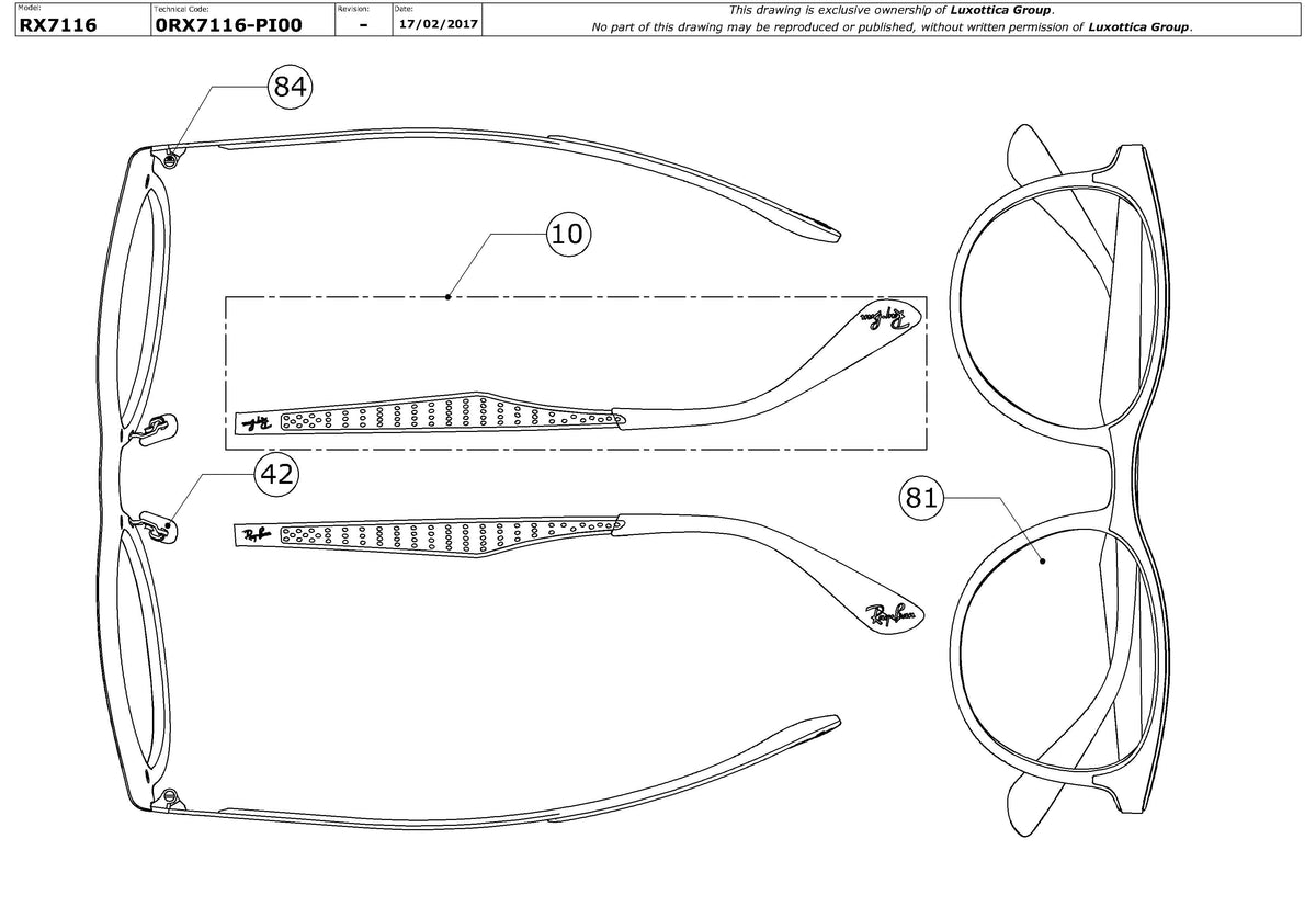 Exploded technical drawing of the Ray-Ban RX7116 Glasses Replacement Parts, with each replacement part numbered