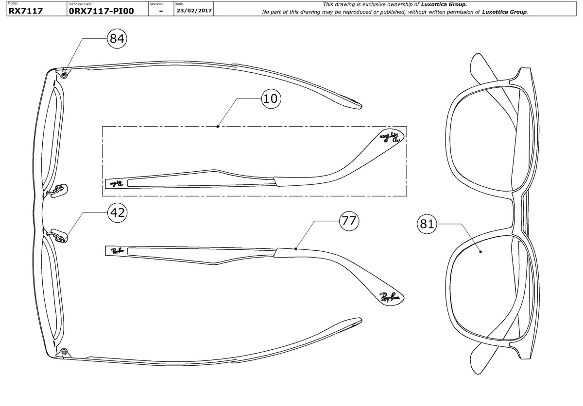 Enlarged technical drawing of the Ray-Ban RX7117 Glasses Replacement Parts