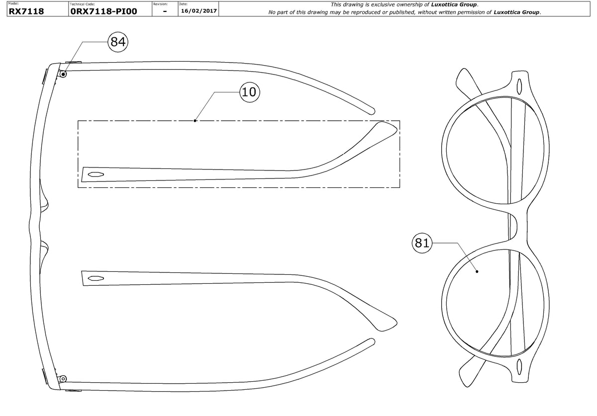Exploded technical drawing of the Ray-Ban Dean RX7118 Glasses Replacement Parts, with each replacement part numbered