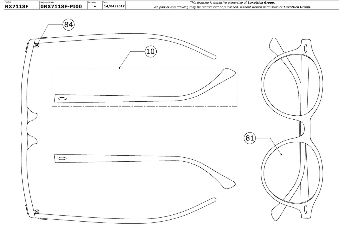 Enlarged technical drawing of the Ray-Ban RX7118F Glasses Replacement Parts