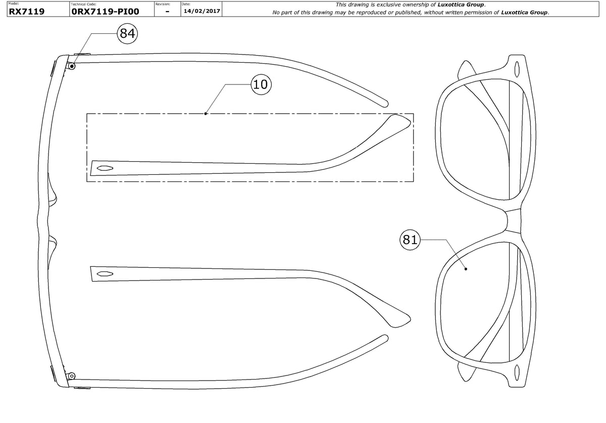 Exploded technical drawing of the Ray-Ban RX7119 Glasses Replacement Parts, with each replacement part numbered