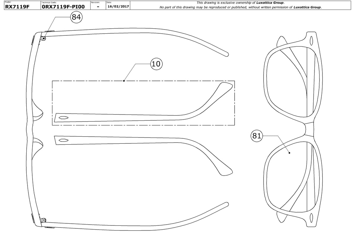 Exploded technical drawing of the Ray-Ban RX7119F Glasses Replacement Parts, with each replacement part numbered