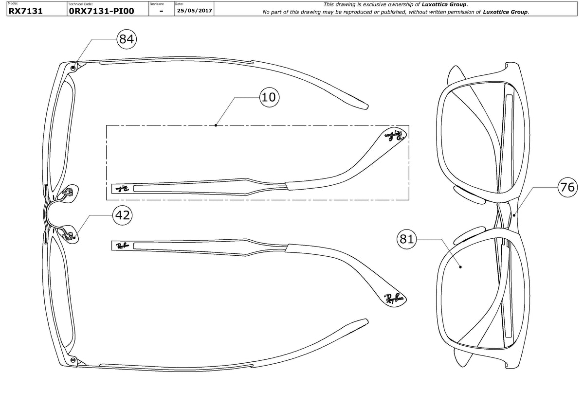 Exploded technical drawing of the Ray-Ban RX7131 Glasses Replacement Parts, with each replacement part numbered