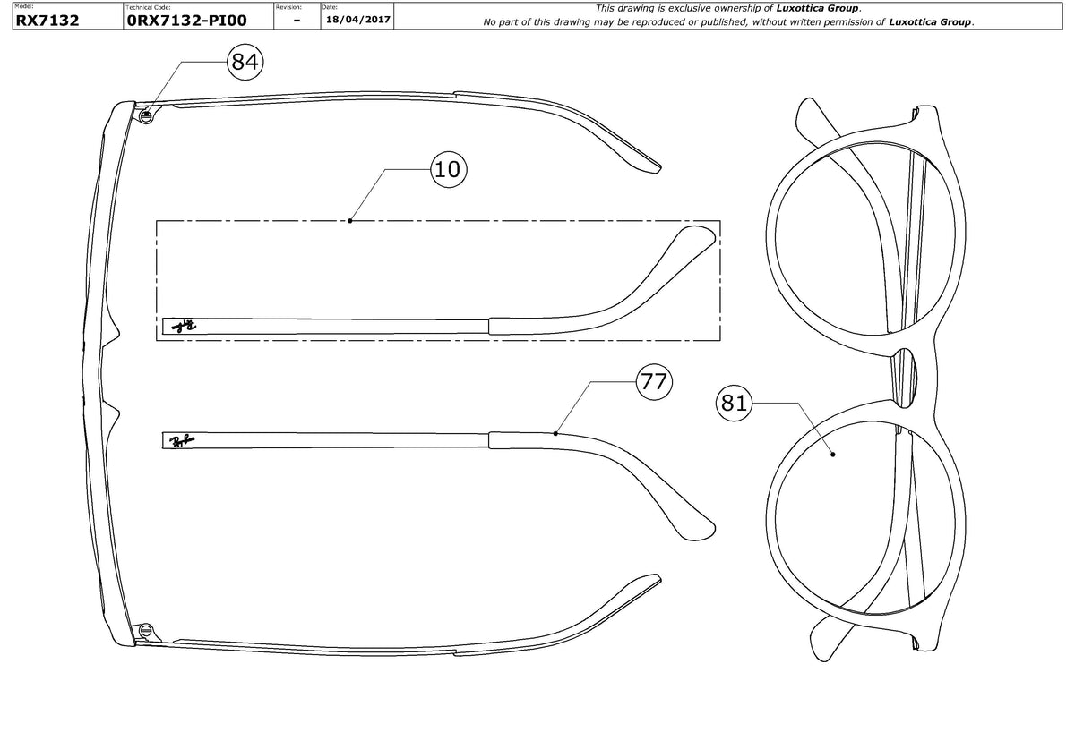 Exploded technical drawing of the Ray-Ban RX7132 Glasses Replacement Parts, with each replacement part numbered