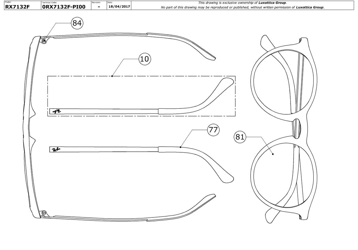 Enlarged technical drawing of the Ray-Ban RX7132F Glasses Replacement Parts