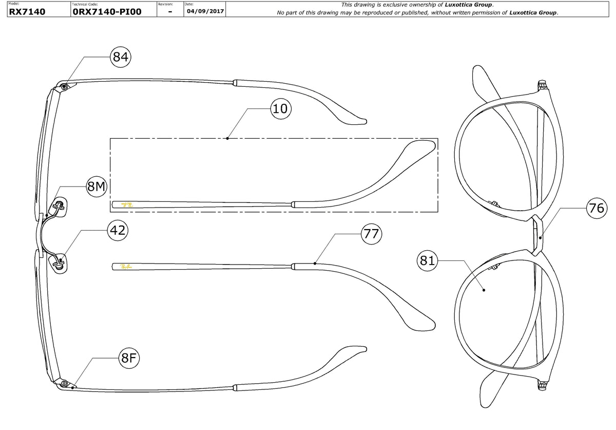 Enlarged technical drawing of the Ray-Ban RX7140 Glasses Replacement Parts