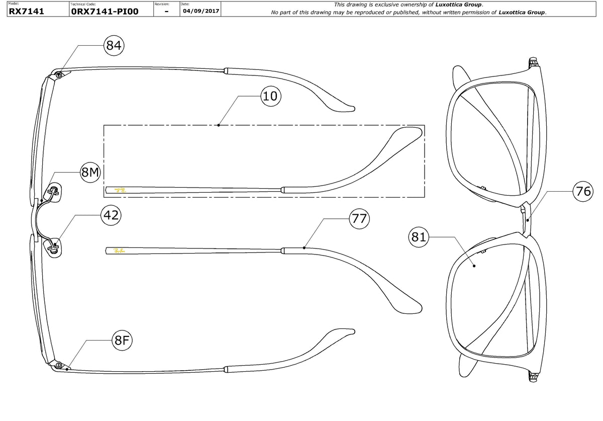 Enlarged technical drawing of the Ray-Ban RX7141 Glasses Replacement Parts