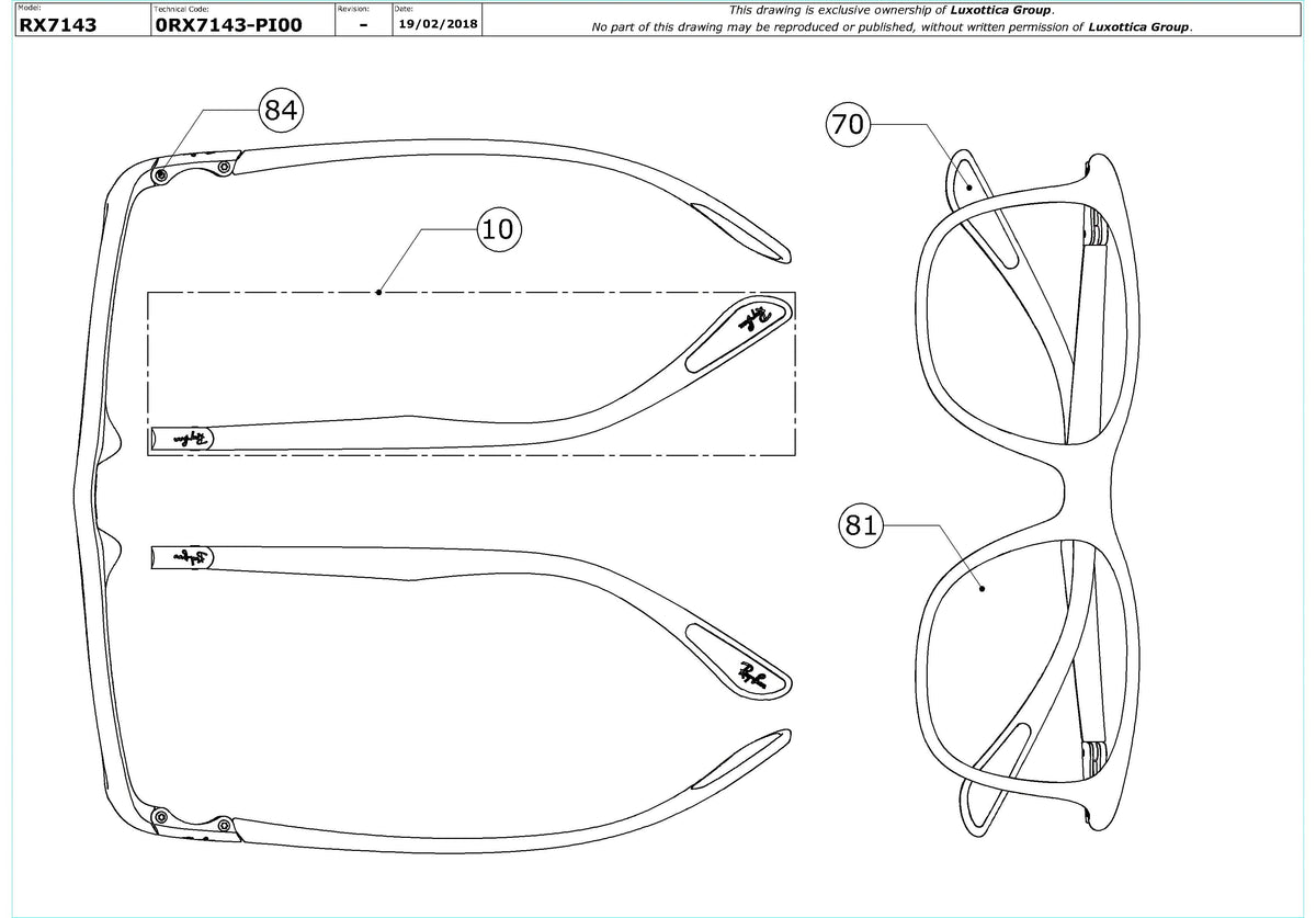 Enlarged technical drawing of the Ray-Ban RX7143 Glasses Replacement Parts