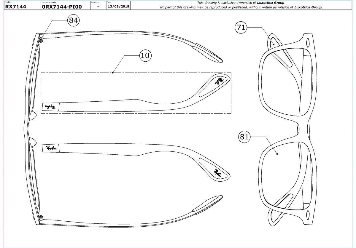 Exploded technical drawing of the Ray-Ban RX7144 Glasses Replacement Parts, with each replacement part numbered