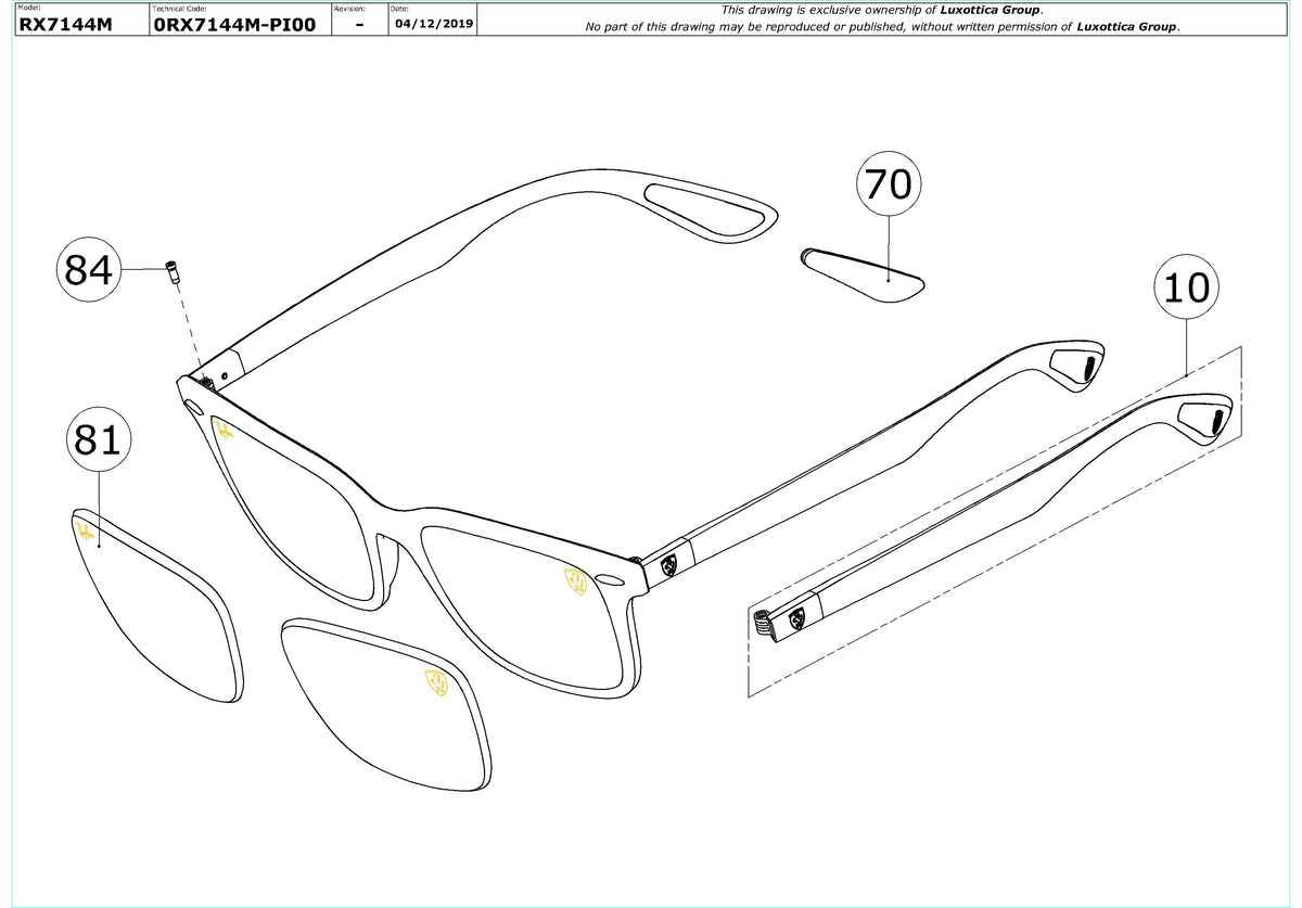 Enlarged technical drawing of the Ray-Ban Ferrari RX7144M Glasses Replacement Parts
