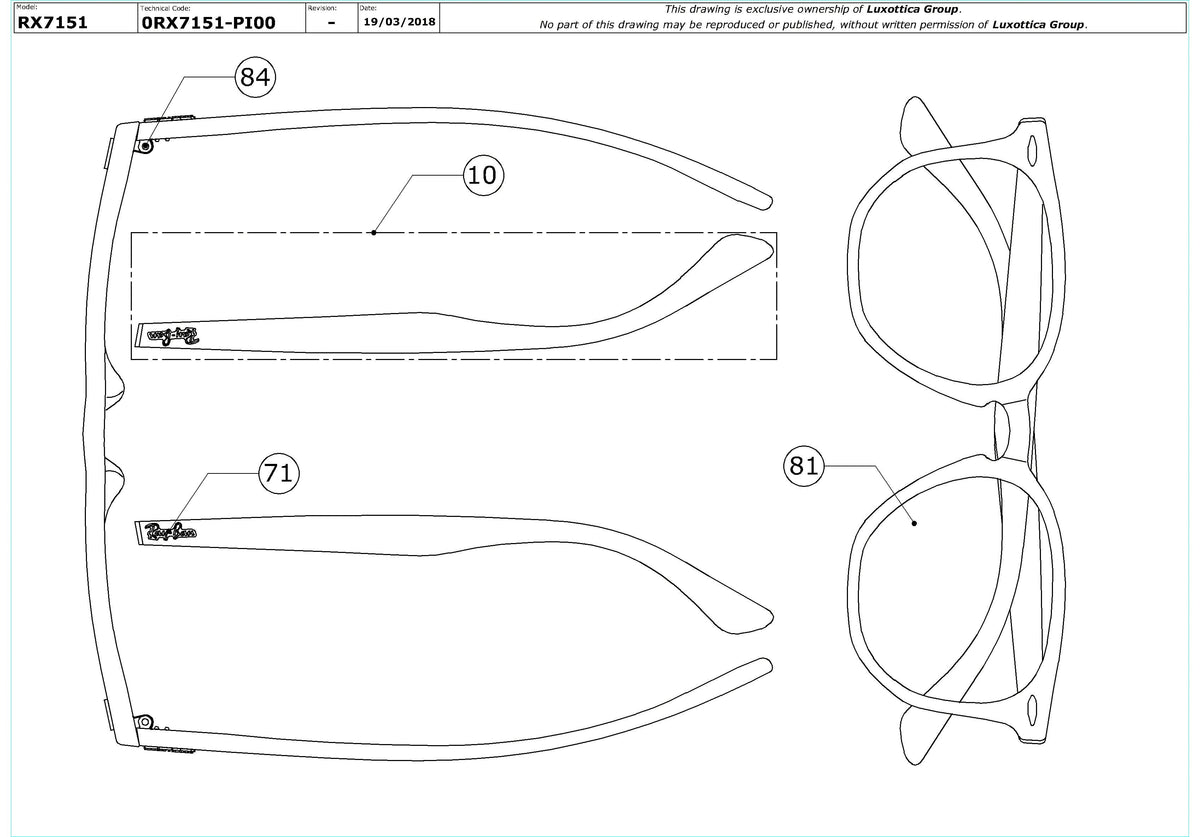 Enlarged technical drawing of the Ray-Ban Hexagonal RX7151 Glasses Replacement Parts