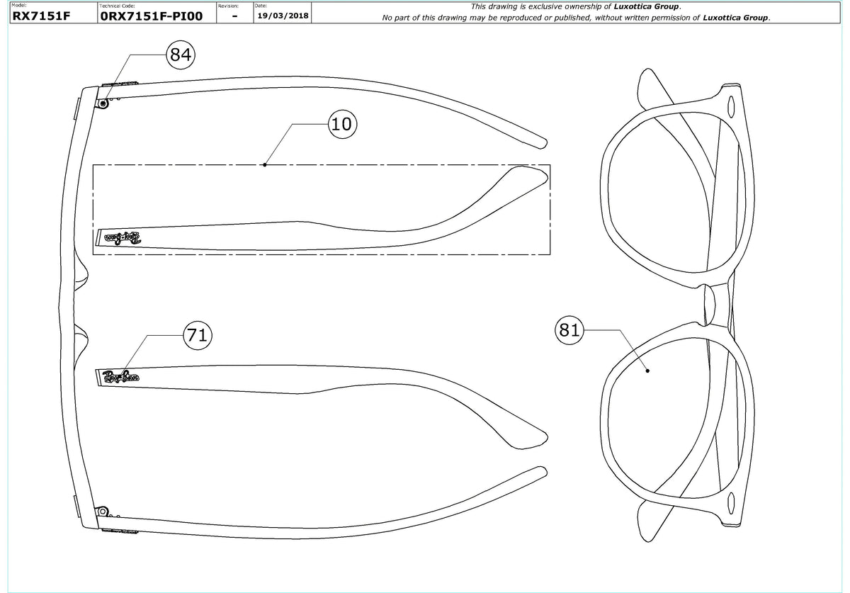 Enlarged technical drawing of the Ray-Ban Hexagonal RX7151F Glasses Replacement Parts