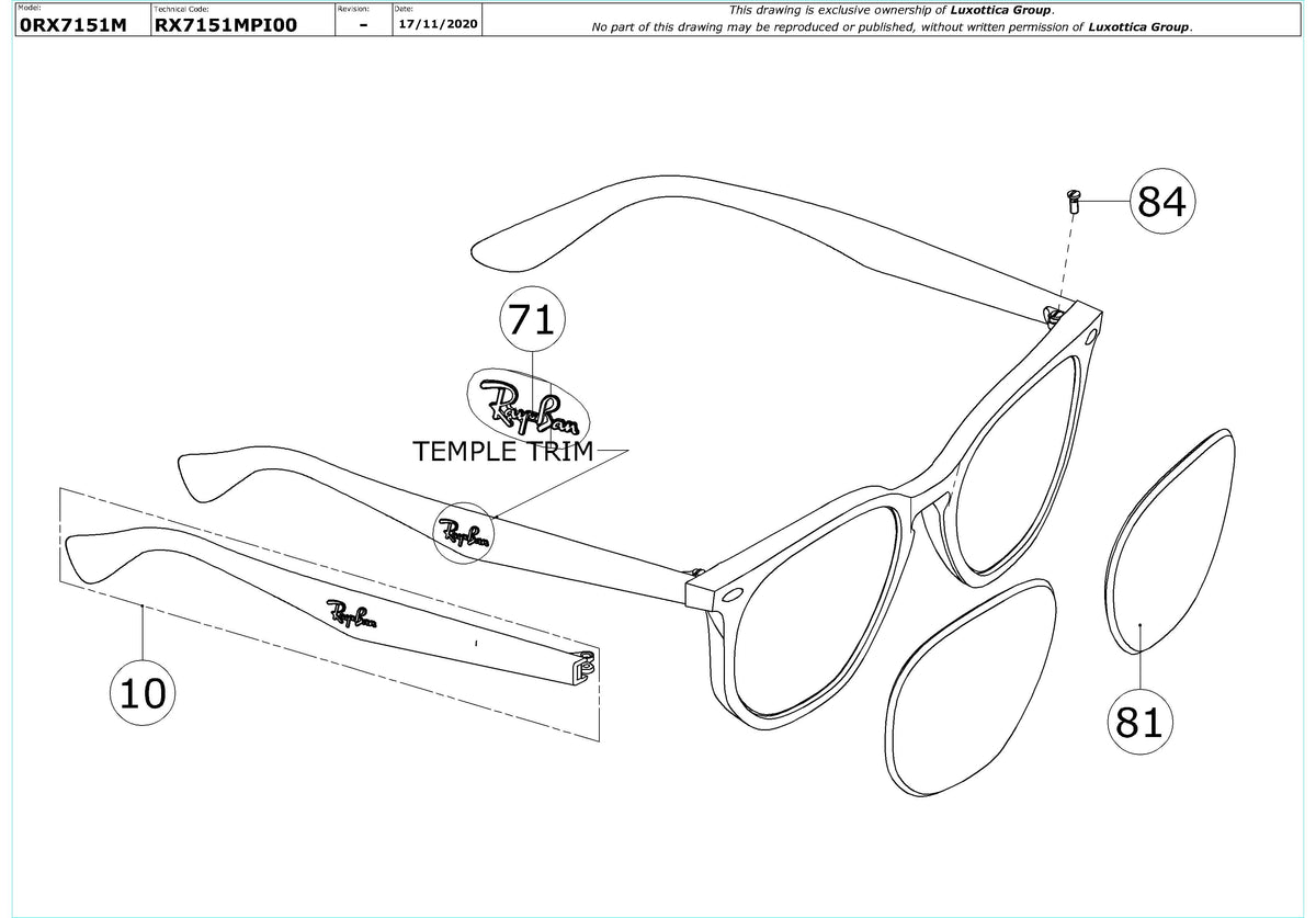 Enlarged technical drawing of the Ray-Ban RX7151M Glasses Replacement Parts