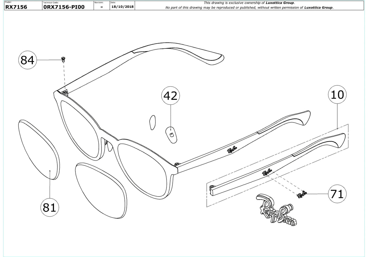 Exploded technical drawing of the Ray-Ban RX7156 Glasses Replacement Parts, with each replacement part numbered