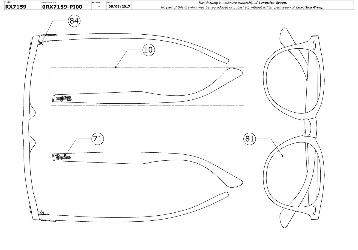 Enlarged technical drawing of the Ray-Ban RX7159 Glasses Replacement Parts