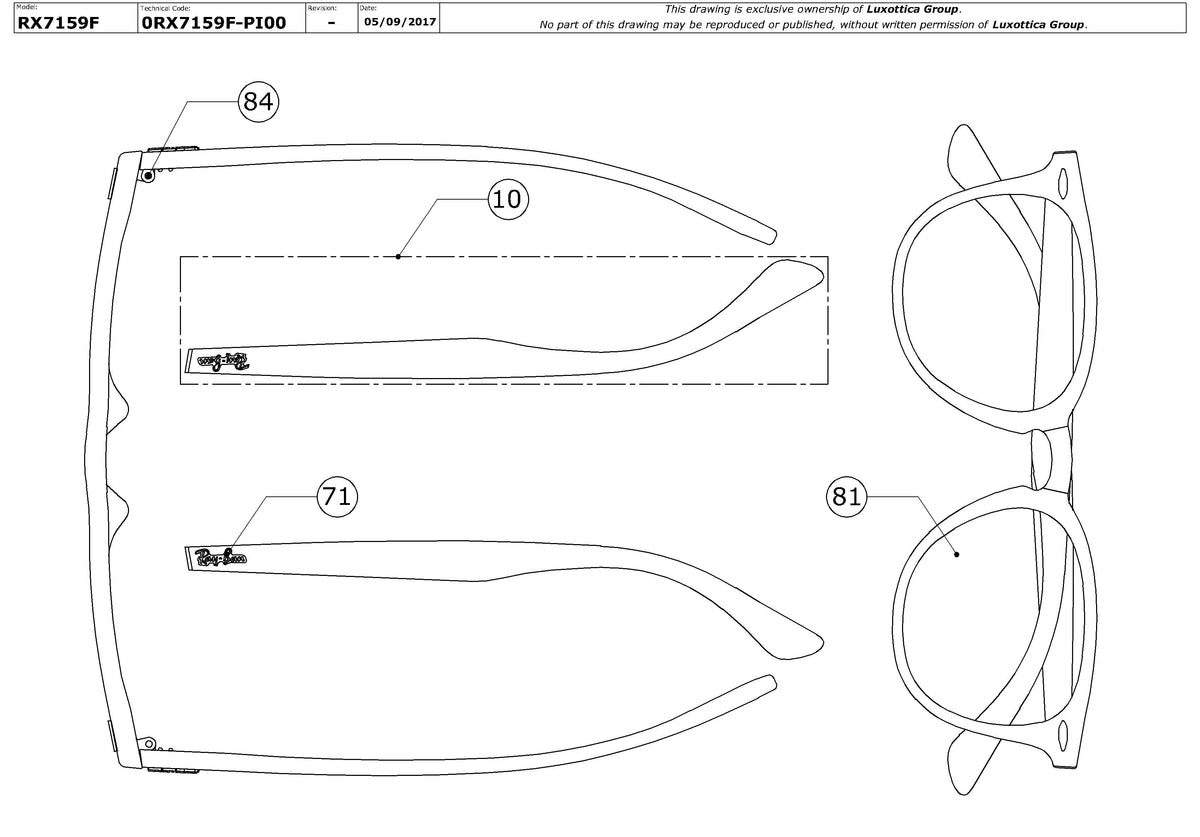 Enlarged technical drawing of the Ray-Ban RX7159F Glasses Replacement Parts