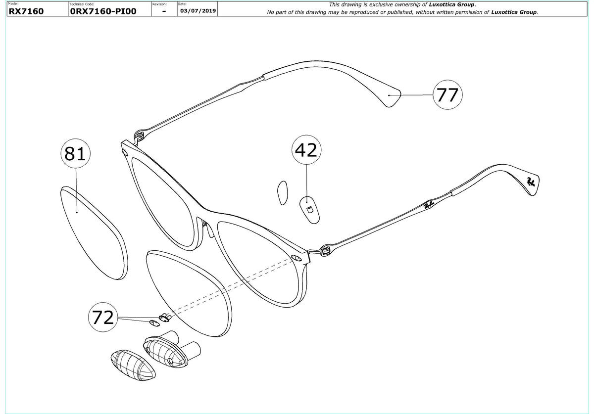 Enlarged technical drawing of the Ray-Ban RX7160 Glasses Replacement Parts