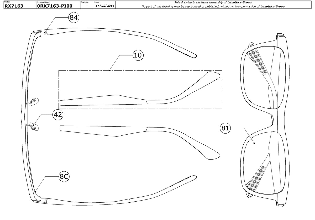 Enlarged technical drawing of the Ray-Ban RX7163 Glasses Replacement Parts