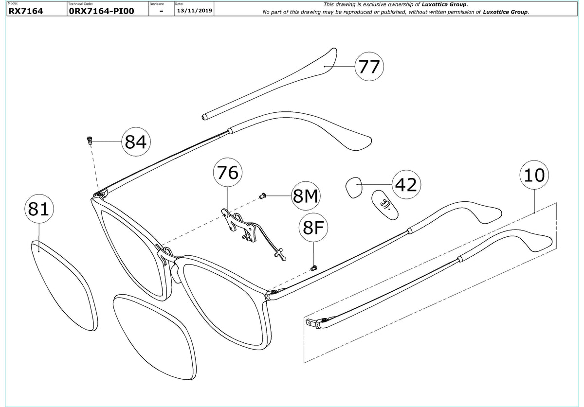 Enlarged technical drawing of the Ray-Ban RX7164 Glasses Replacement Parts