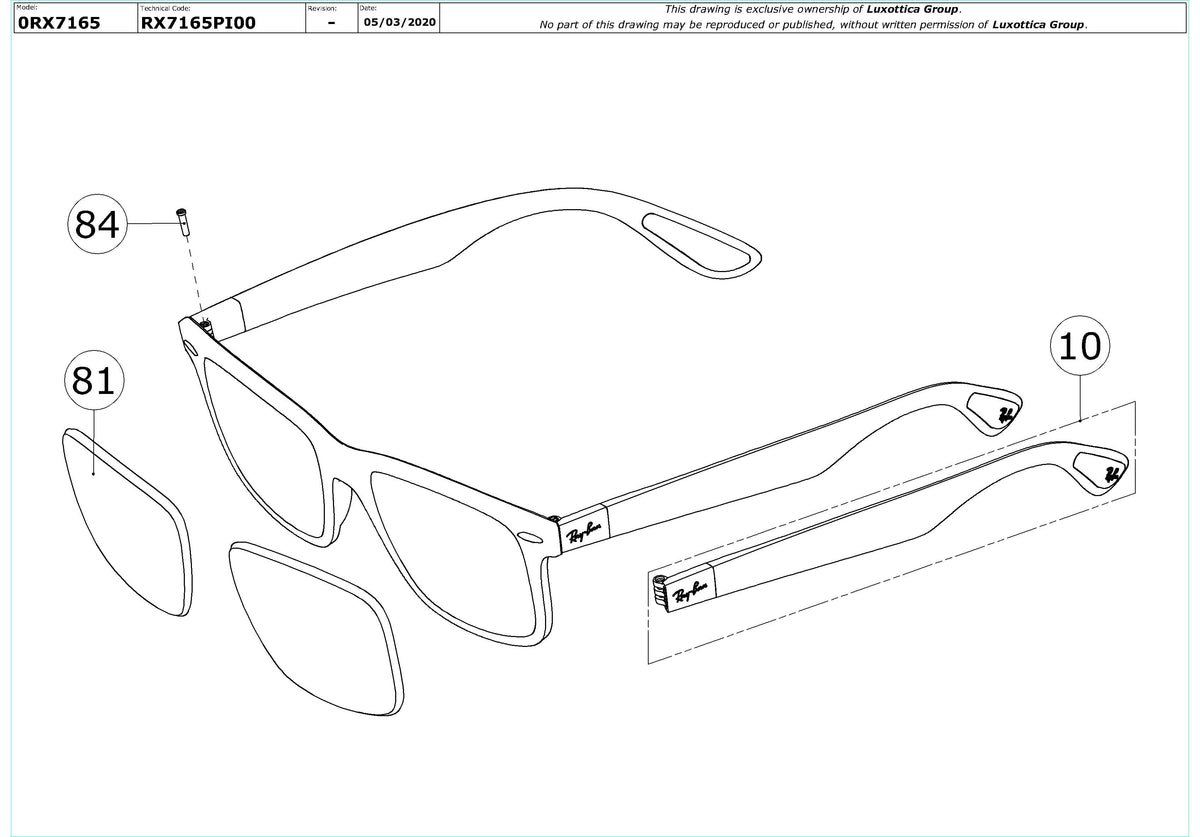Exploded technical drawing of the Ray-Ban RX7165 Glasses Replacement Parts, with each replacement part numbered