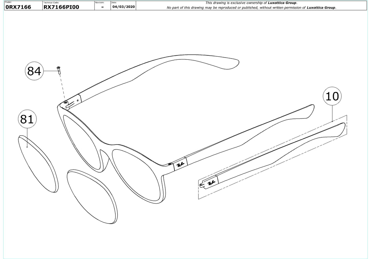 Exploded technical drawing of the Ray-Ban RX7166 Glasses Replacement Parts, with each replacement part numbered