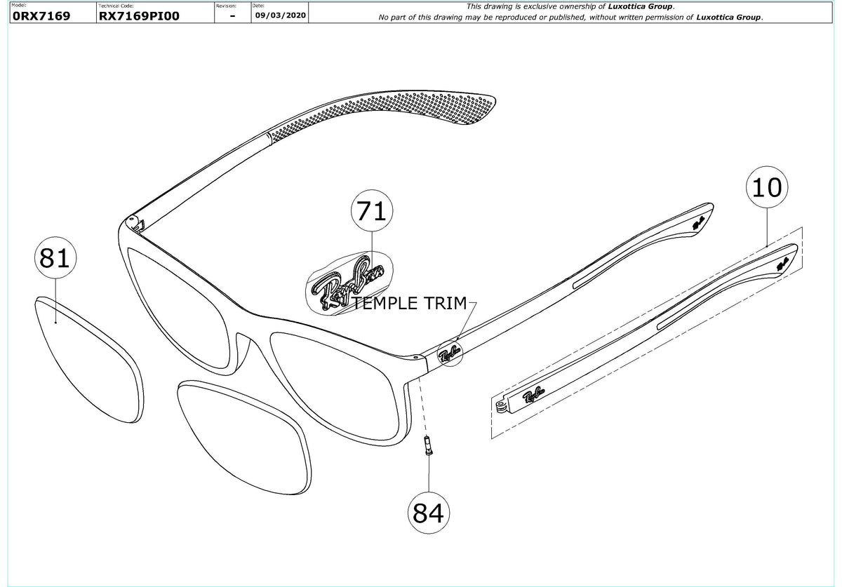 Exploded technical drawing of the Ray-Ban RX7169 Glasses Replacement Parts, with each replacement part numbered