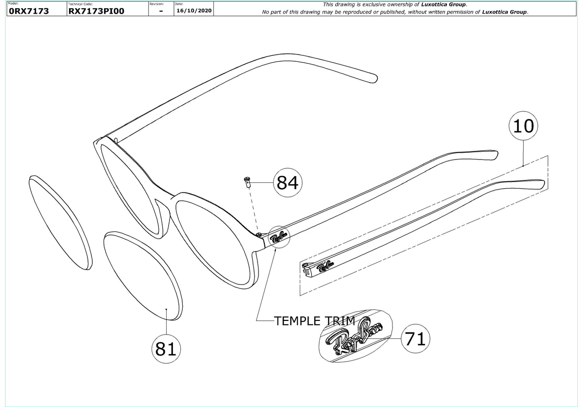 Exploded technical drawing of the Ray-Ban RX7173 Glasses Replacement Parts, with each replacement part numbered