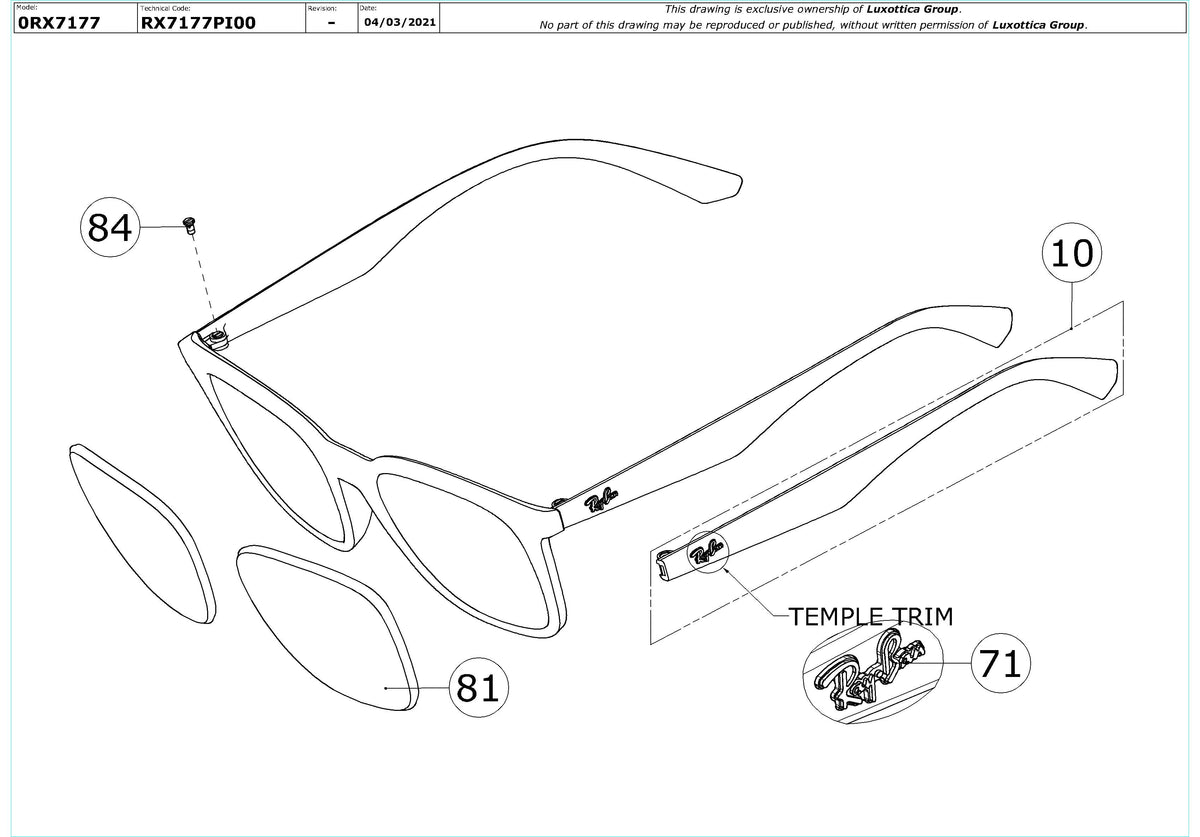 Enlarged technical drawing of the Ray-Ban RX7177 Glasses Replacement Parts