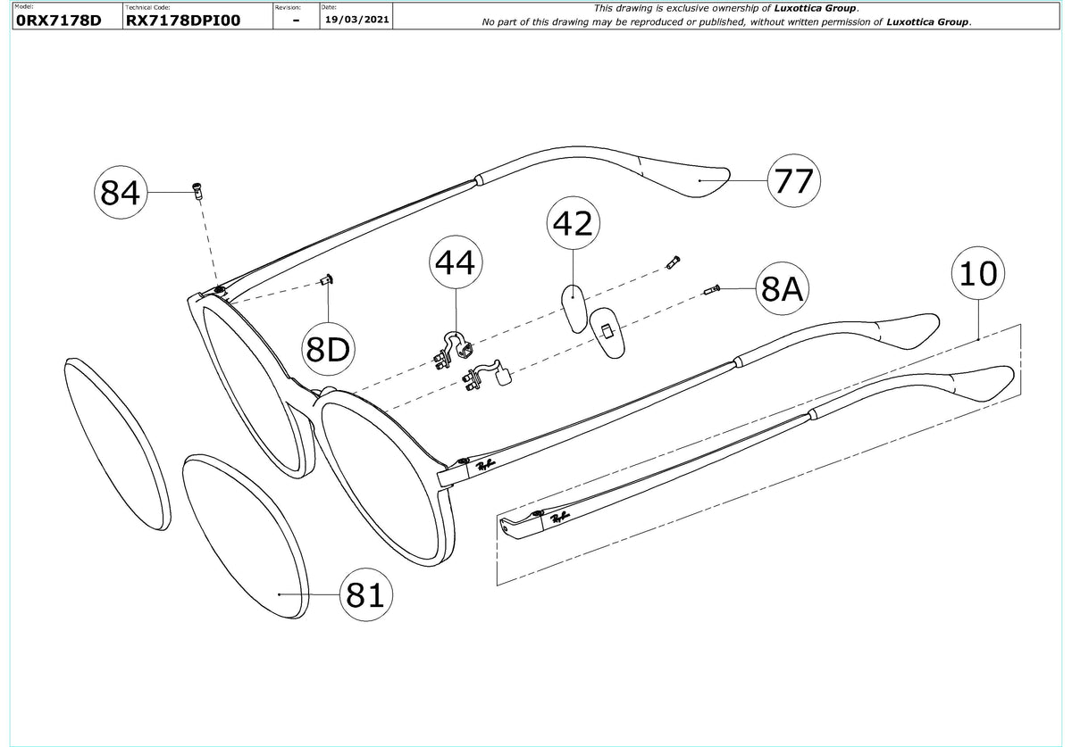 Enlarged technical drawing of the Ray-Ban RX7178D Glasses Replacement Parts
