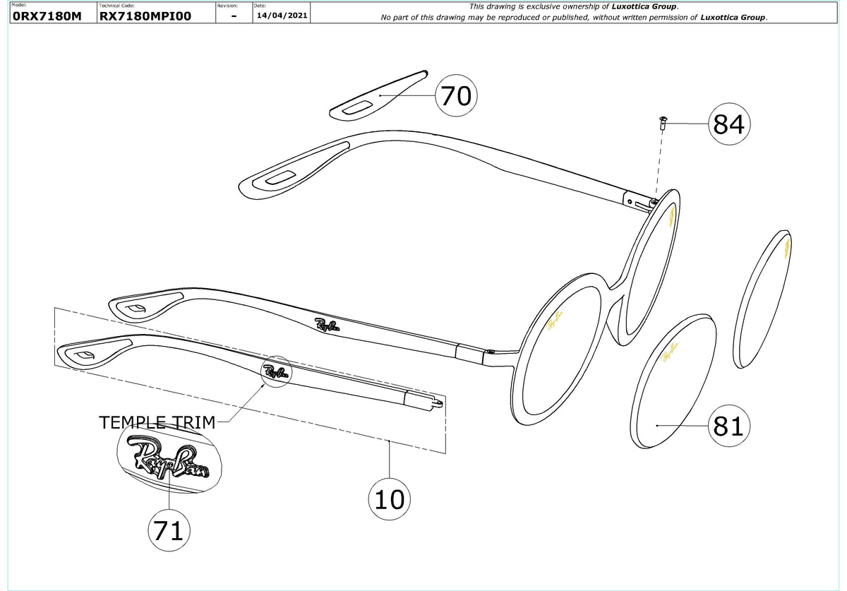Enlarged technical drawing of the Ray-Ban RX7180M Glasses Replacement Parts