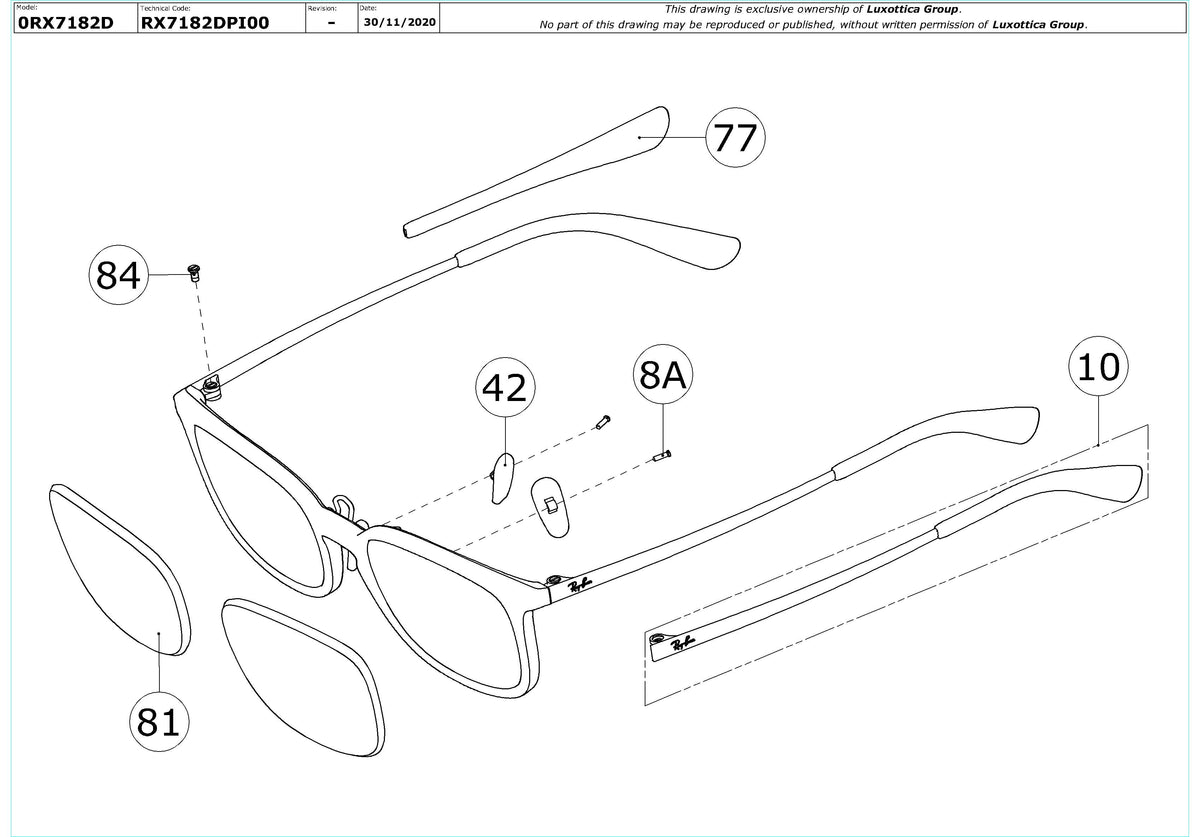 Enlarged technical drawing of the Ray-Ban RX7182D Glasses Replacement Parts