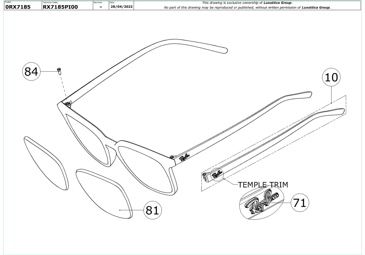 Enlarged technical drawing of the Ray-Ban RX7185 Glasses Replacement Parts