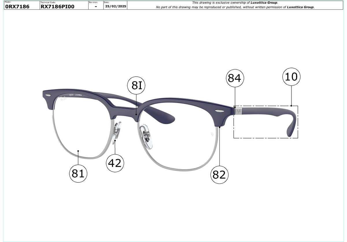 Enlarged technical drawing of the Ray-Ban RX7186 Glasses Replacement Parts