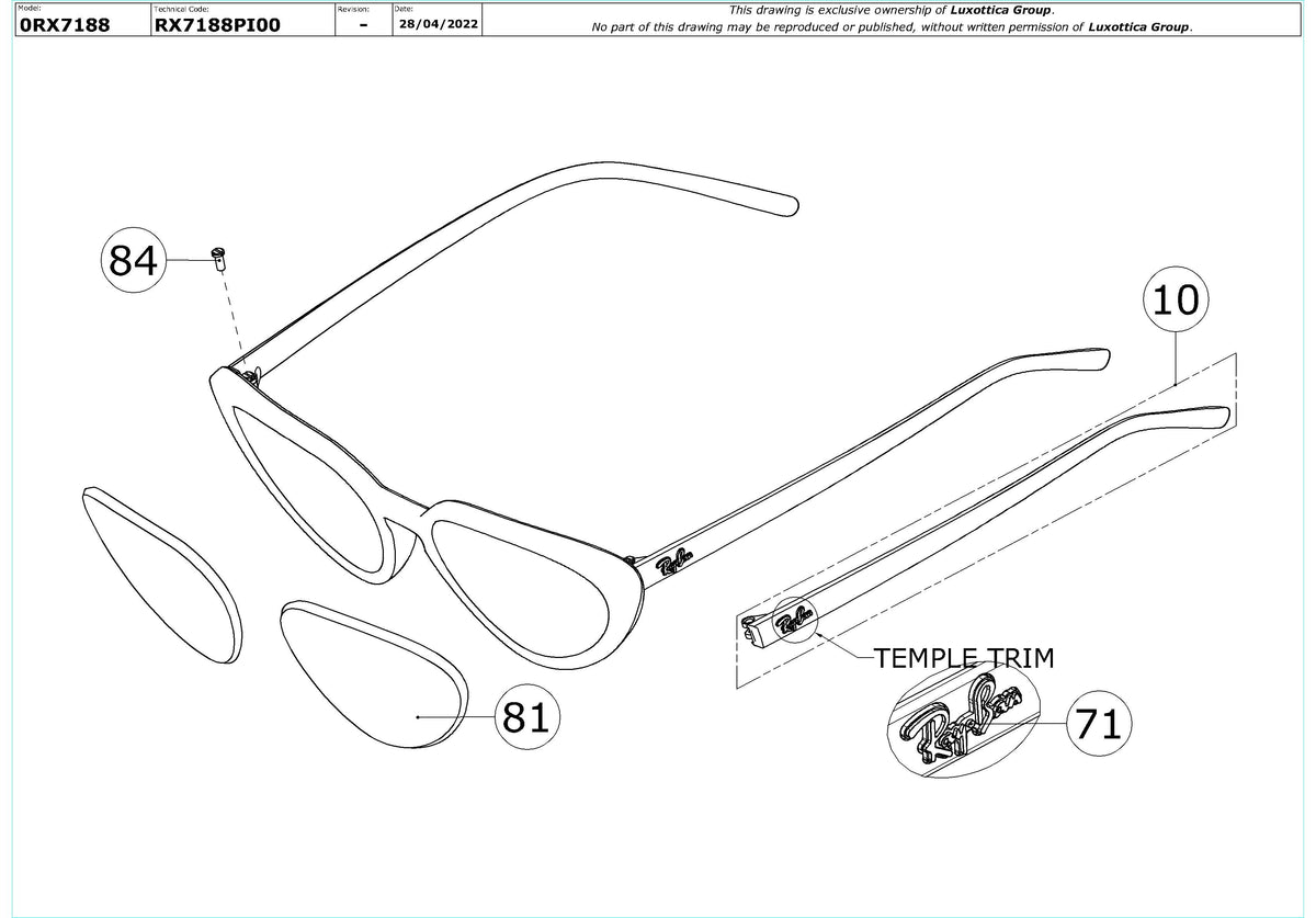 Enlarged technical drawing of the Ray-Ban RX7188 Glasses Replacement Parts