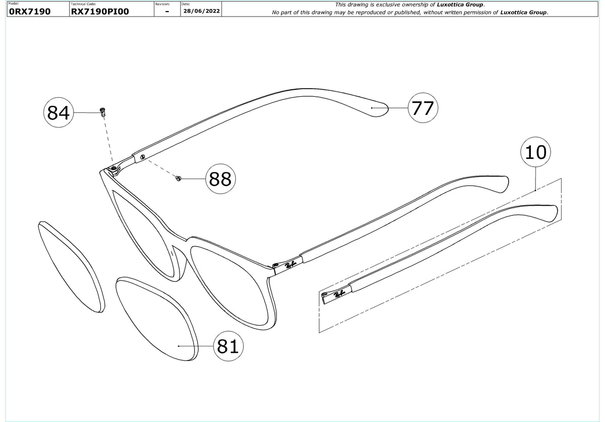 Enlarged technical drawing of the Ray-Ban RX7190 Glasses Replacement Parts