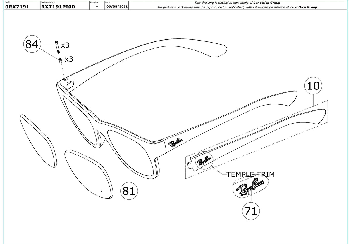 Enlarged technical drawing of the Ray-Ban RX7191 Glasses Replacement Parts