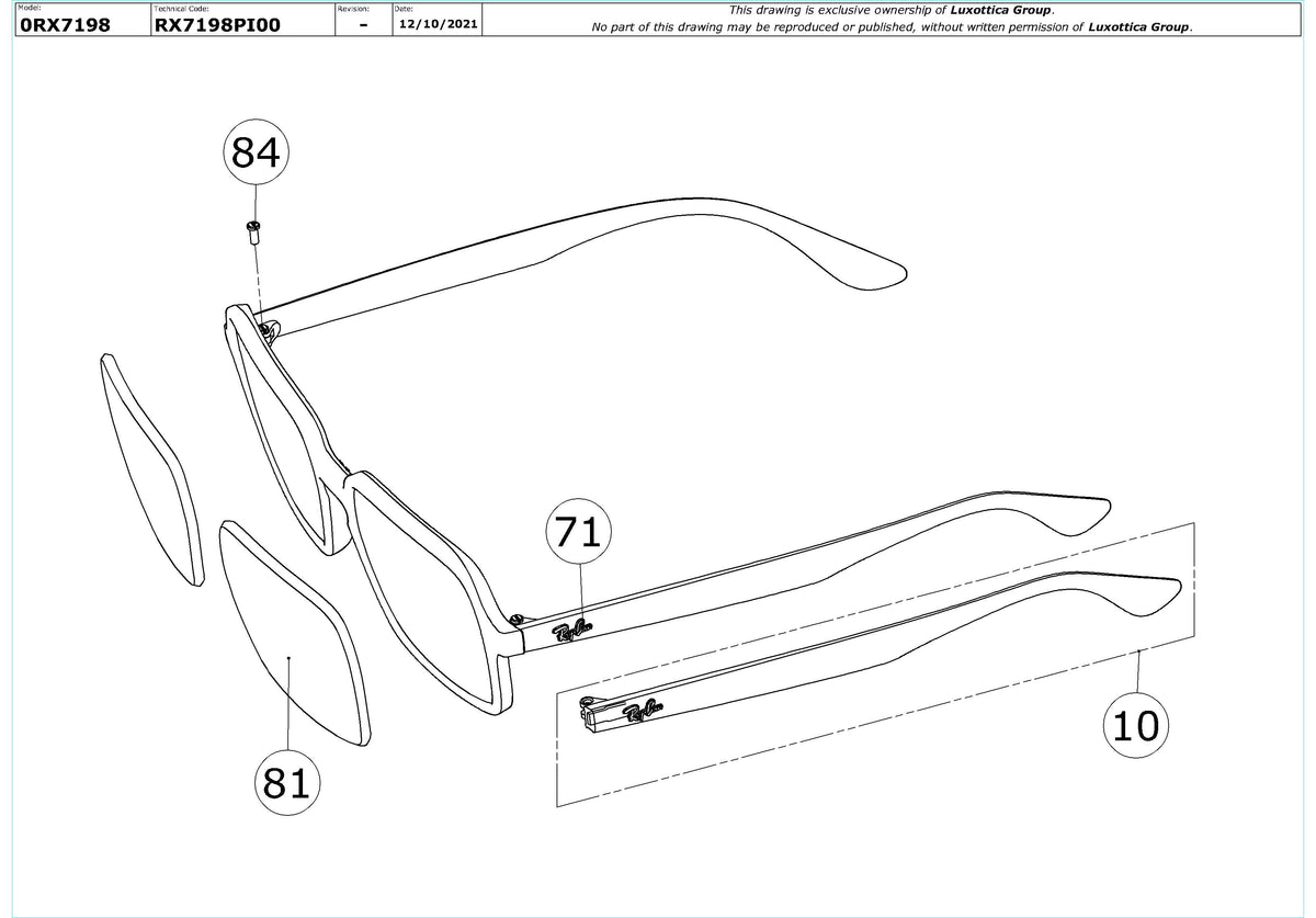Exploded technical drawing of the Ray-Ban RX7198 Glasses Replacement Parts, with each replacement part numbered