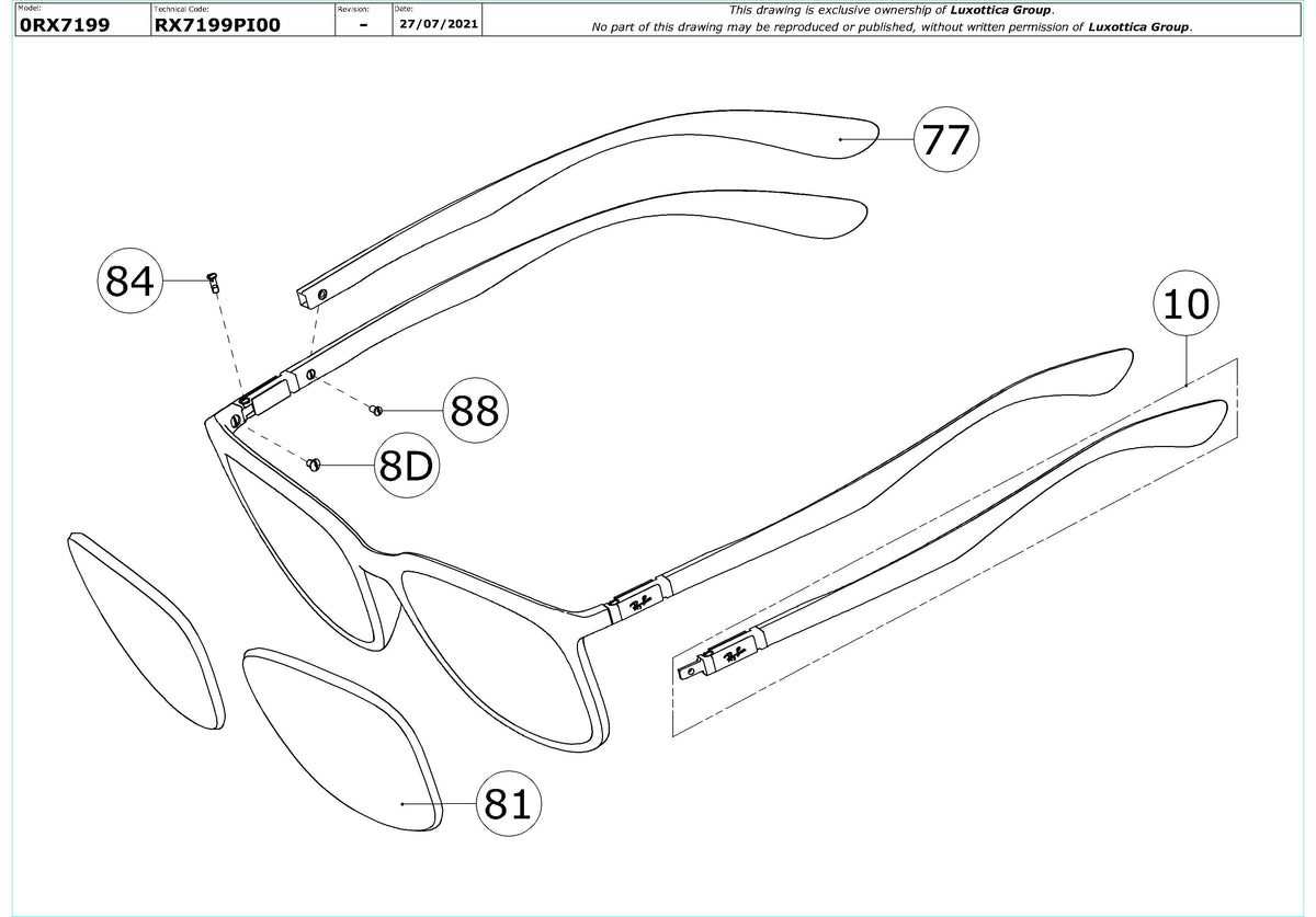 Exploded technical drawing of the Ray-Ban RX7199 Glasses Replacement Parts, with each replacement part numbered